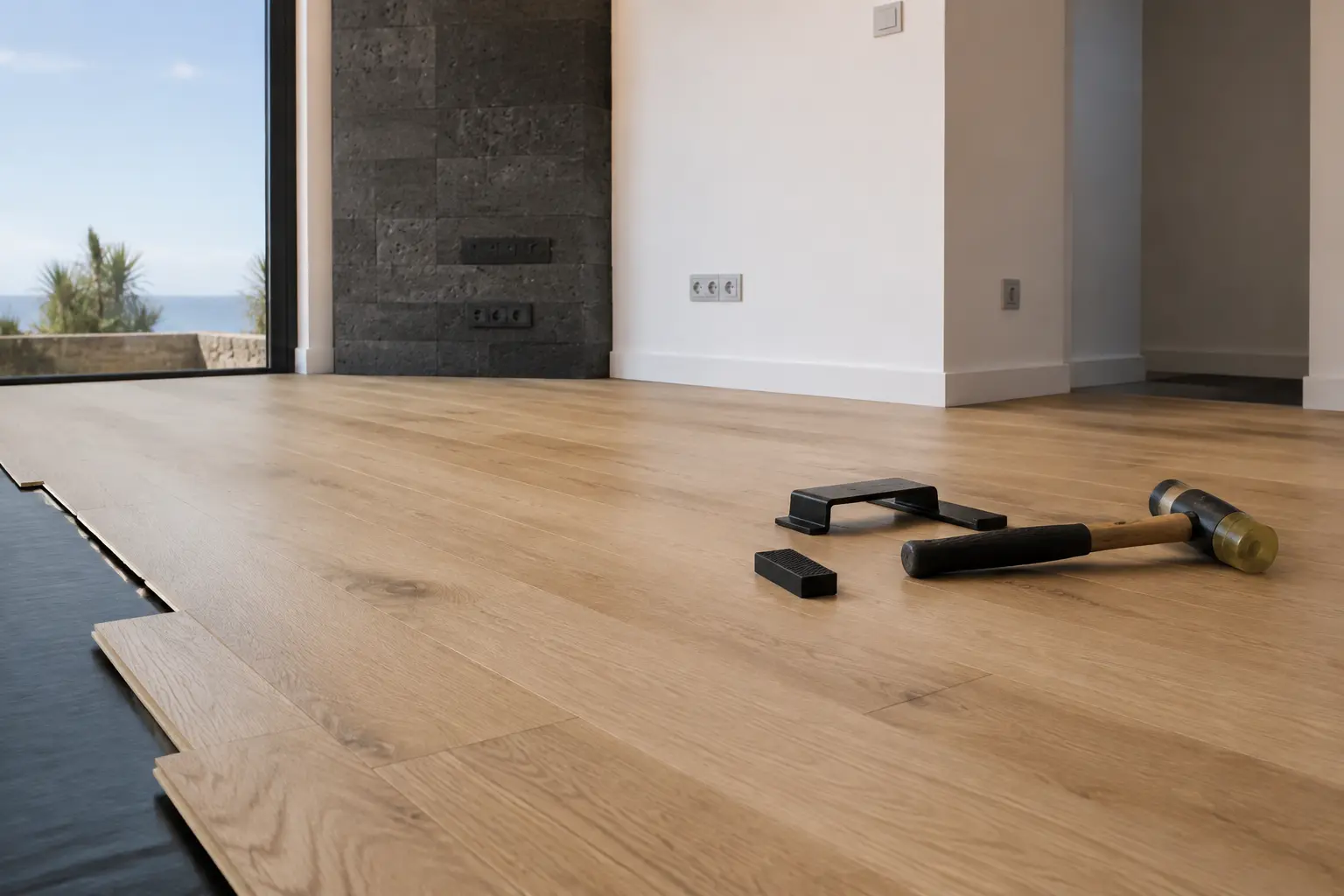 Profesional lijando un parquet de madera en Tenerife con maquinaria y aspiración